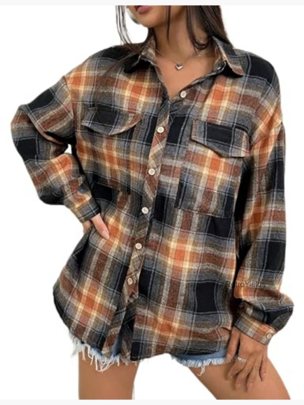 Womens Casual Cuffed Long Sleeve Boyfriend Button Down Plaid Flannel Shirt Tops - Picture 4 of 7